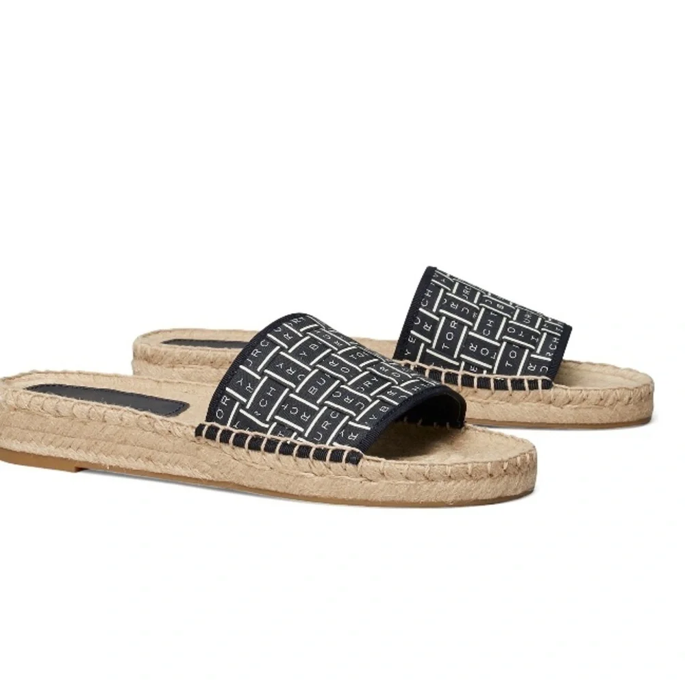 NIB Tory Burch logo espadrilles slide Navy Blue